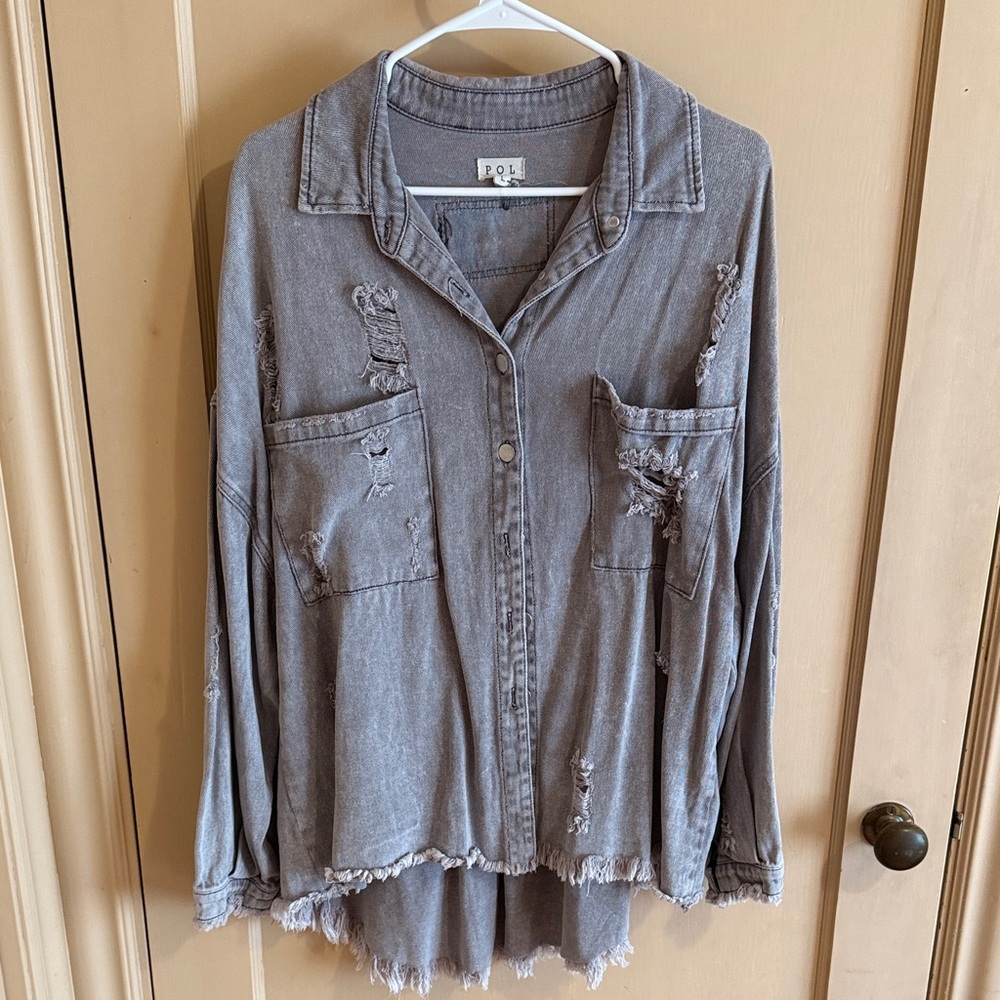 POL Distressed Charcoal Button-Up Shirt